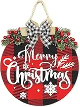 Merry Christmas Decorations Wreath, Buffalo Plaid Hanging Sign Rustic Wooden Holiday Decor for Front Door Porch Window Wall Farmhouse Indoor Outdoor Decorations