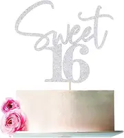 Bejotaa Sweet 16 Cake Toppers - Glitter Sweet 16 Birthday Cake Topper,16th Birthday Cake Topper,16th Birthday Cake Topper, (silver)