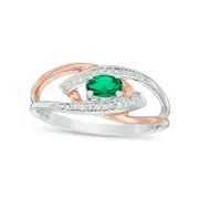Oval Lab-Created Emerald and Diamond Accent Split Shank Ring in Sterling Silver and Solid 10K Rose Gold