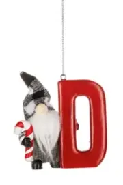 Ganz GNOME Monogram Initial Christmas Ornament w/Candy Cane "D" 3" x 2 3/4