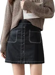[ERTYUIO] Short Skirt Women High-Waist Skirt A-Line Skirt Female Open-Line Skirt Large Size Slimming Big Pocket