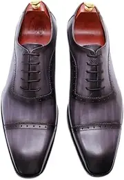 [Generic] Formal Dress Shoes for Men Square Toe Hand-Painted Genuine Leather Block Carving for Work Slip On for Business First Layer Decorate Dress Shoes for Men Men's Leather Shoes