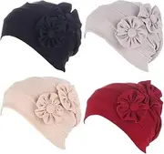 [Generic] 4 Pieces Women Turban Flower Headwear Vintage Caps Elastic Beanie Muslim Head Cover