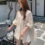 LA MAISON 韓國CHIC翻領棉麻流蘇寬鬆A字裙傘襬洋裝