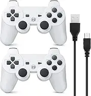 Powerextra Controller Compatible with PS3, Wireless 2 Pack High Performance Gaming Controller with Upgraded Joystick Double Shock for Play-Station 3 (White)