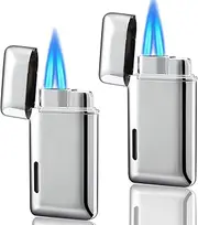 Futlidys 2 Pack Mini Torch Lighter Butane Refillable, Double Flame Butane Lighter with Visible Window, Adjustable Jet Lighter, Great Gifts for Men and Women, without Gas (Silver)