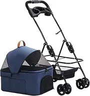 Premium Pushchair Cat Dog Pet Stroller with Detachable Cup Holder, Dog Strollers for Small Medium Dogs, Lightweight Pram Breathable Zipperless Entry Cat Stroller Pramsa(Blue)