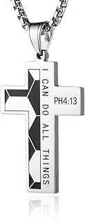 [HZMAN] Basketball Football Soccer Cross Pendant, I CAN DO ALL THINGS STRENGTH Bible Verse Stainless Steel Necklace