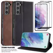 For Samsung Galaxy S21/S21 Plus Leather Wallet Phone Case Cover + Tempered Glass