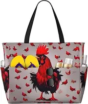 [Ghjkfbf] Red Chicken Print Large Capacity Beach Travel Bag For Family, Beach Tote Bag For Women With Zipper Pockets, Black, One Size