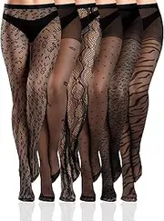 [Ramede] 6 Pairs Women Lace Tights Patterned Fishnet Thigh High Stockings Waist Bow Goth Leggings Tight Pantyhose for Halloween