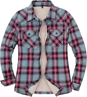 [ThCreasa] Womens Sherpa Lined Flannel Jacket with Hand Pockets, Plaid Button Down Fuzzy Shirt Jackets