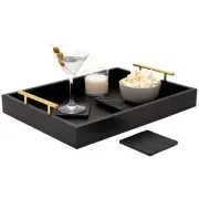 Wooden Coffee Table Serving Tray with Handles and Coasters for Ottoman Black