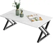 Wolawu Coffee Table White Living Room Center Table, Simple Modern Faux Marble Rectangular Tea Table with Sturdy Black Metal Frame,Industrial Wooden Coffee Table for Bedroom Home Office