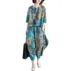Ethnic Women T-shirt Pants Set Suit Floral Printed Harem Hippie Uniform Retro
