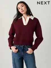 Burgundy Red/Ecru Soft Touch Cosy Collared Button Down Polo Sweatshirt (AW4659) | $64