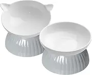 DDMOMMY 2 Ceramic Raised Cat Food Bowls, Elevated Cat Food and Water Bowl Set, Pet Bowl for Indoor Cats and Small Dogs, Anti-Vomiting Cat Dog Feeder with Plastic Base, Dishwasher Safe, Grey