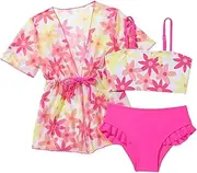 [Verdusa] Toddler Girl's 3 Piece Swimsuit Floral Print Ruffle Trim Bikini Swimsuit with Kimono Cover Up