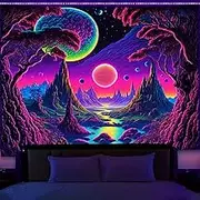Manicer Blacklight Galaxy Moon Tapestry - Trippy Alien Landscape, UV Reactive Neon Mountain Forest, Space Fantasy Plants Wall Hanging for Room Decor - 59.1" x 80"