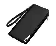 Men's Business PU Leather Long Wallet Pocket Credit Card Holder Clutch Bifold Purse with Zipper - Black