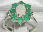 10k White Gold Natural Opal & Emerald Womens Cluster Ring - Sizes 4 to 12