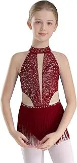 [Jhaoyu] Girls Sparkle Fringed Tassel Dance Leotard Halter Neck Sleeveless Gymnastics Bodysuit Backless Jumpsuit