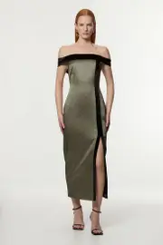 Petite Geo Jacquard Velvet Mix Tailored Bardot Midi Dress