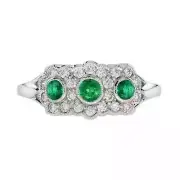Art Deco Style Lab Created Emerald Wedding Anniversary 14K White Gold FN Ring