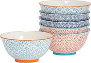 Nicola Spring Patterned Cereal Bowls - 3 Colours - 16cm - Pack of 6 - Hand Printed Japanese Style Porcelain Serving Bowls for Dessert, Pasta, Cereal, Salad, Noodles, Soup