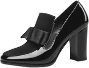 [Oilyong] Women's Chunky Heeled Loafers Comfortable Bow Square Toe Penny Slip-on Patent Dress Oxford Shoes