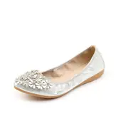 Catzon Womens Wedding Flats Rhinestone Slip On Foldable Ballet Shoes-Silver
