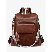 Women's Vintage Faux Leather Backpack with Tassel and Adjustable Geometric Strap – Casual Multi-pocket Travel Bag