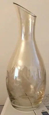 ETCHED GLASS WATER WINE JUICE DECANTER GRAPES VINES CARAFE PITCHER PALE YELLOW