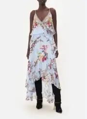 Camilla Ruffle Overlayer Wrap Dress Floraful Size XXS AU 6 US 2 Blue Silk $749