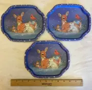 Vintage Snack Tin Trays 7.5" Deer Bunny Chipmunk Bird Winter Christmas Set of 3