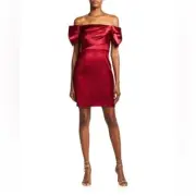 NWT Aidan Mattox Dark Red Satin Puff Sleeve Off The Shoulder Dress 12