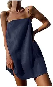 LMSXCT Womens Linen Spaghetti Strap Sleeveless Summer Mini Dresses Cute A-Line Back Zip Short Cami Dress Beach Party Sundress