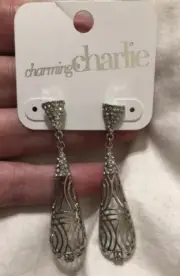 NWT Charming Charlie Silver Tone CZ Stud Drop Post Teardrop Earrings