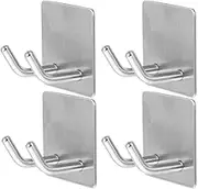 AIMALL 4PCS 304 Stainless Steel Self-Adhesive Double Hook, Waterproof Wall Hanging Hook for Kitchen and Bathroom, 1.77 x 1.77 Inch, Non-Perforated Adhesive Door Hook