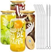 4pcs Set Boho Printed Drinking Glasses with Bamboo Lids, 16oz Beer Can Glass
