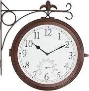 BESTIME 66276A Double Sided Metal Wall Clock.Dial: 10-Inch,Thermometer, Quiet,Easy Read,Retro Station,Antique Hanging Clocks for Garden,Home Decor,Indoor,Outdoor,Living Room.