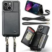 For iPhone 13 Zipper Wallet Leather Phone Case with Dual Lanyard