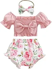 [Haokaini] Infant Baby Girls Clothes Ribbed Puff Sleeve Crop Tanks Top Floral Bloomer Shorts Headband Summer Outfits 3Pcs Sets
