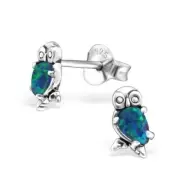 925 Sterling Silver Owl Small Opal Children's Kids Stud Earrings