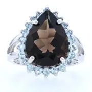 Silver Smoky Quartz & Light Blue Topaz Halo Ring - 925 Pear Cut 7.80ctw Size 6