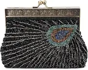 [Ynport] Peacock Clutch Purses for Women Vintage 1920s Evening Bag Sequin Beaded Wedding Shoulder Handbag