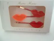 Set of 3 Red Lucite Glitter Lips 2.5" Bobby Pins NWT