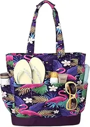 Beach Bag for Women,VASCHY Lightweight Large Water Resistant Sandproof Fold-able Packable Swim Pool Tote Bag Everything Bag w Zipper/Pockets for Vacation, Shopping, Casual