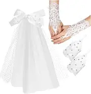 [LIFKOME] 1 Pairs Short Bridal Veil Bow and Pearl Beads Mesh Tulle Veil for Wedding