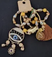 Beautiful Hand-Made Artisanal "Evil Eye" Bracelet Set - Gold